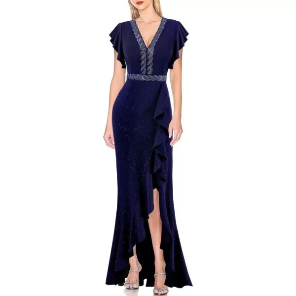 VFSHOW Womens Beaded V Neck Ruffle Sleeve Formal Prom High Split Maxi Dress 2023 Wedding Guest Bridesmaid Evening Long GownSparkly Dark Blue