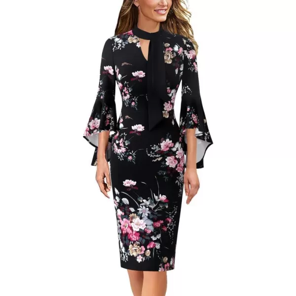 VFSHOW Womens Bell Sleeve Tie Neck Cocktail Party Bodycon Pencil DressBlack Multi Floral Printtie Neck