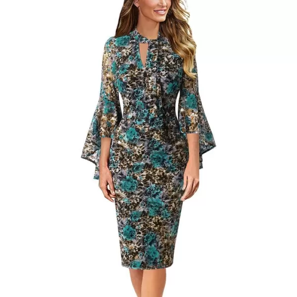 VFSHOW Womens Bell Sleeve Tie Neck Cocktail Party Bodycon Pencil DressBlue Leopard Printed Lace