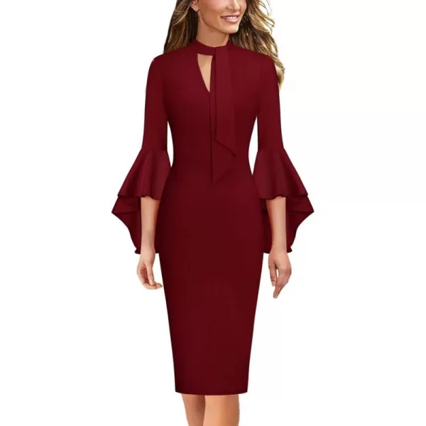 VFSHOW Womens Bell Sleeve Tie Neck Cocktail Party Bodycon Pencil DressDark Red Tie Neck