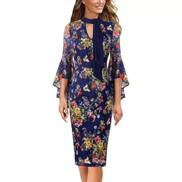 VFSHOW Womens Bell Sleeve Tie Neck Cocktail Party Bodycon Pencil DressNavy Blue and Floral Print Lace