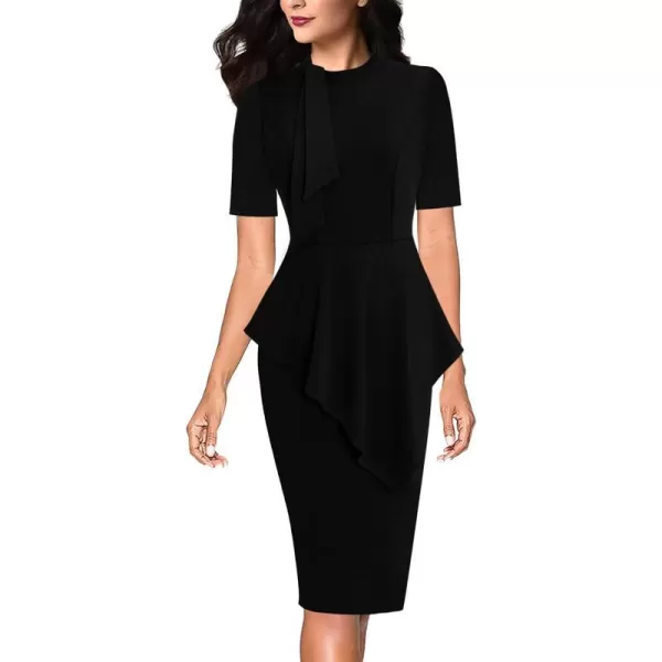 VFSHOW Womens Bow Tie Neck Asymmetrical Peplum Slim Work Business Office Pencil DressBlackshort Sleeve2