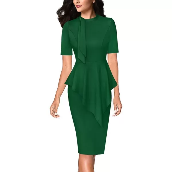 VFSHOW Womens Bow Tie Neck Asymmetrical Peplum Slim Work Business Office Pencil DressGreenshort Sleeve2