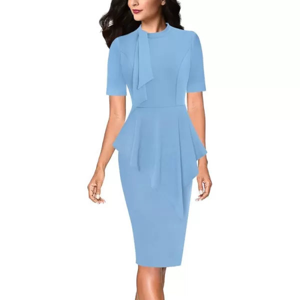 VFSHOW Womens Bow Tie Neck Asymmetrical Peplum Slim Work Business Office Pencil DressLight Blue Short Sleeve