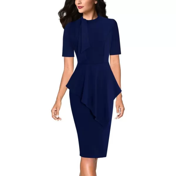 VFSHOW Womens Bow Tie Neck Asymmetrical Peplum Slim Work Business Office Pencil DressNavy Blueshort Sleeve2