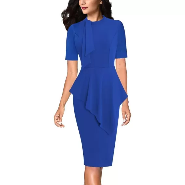 VFSHOW Womens Bow Tie Neck Asymmetrical Peplum Slim Work Business Office Pencil DressRoyal Blueshort Sleeve2