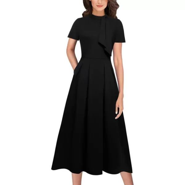 VFSHOW Womens Bow Tie Neck Pockets Pleated Work Business Office Party ALine Midi DressBlack2