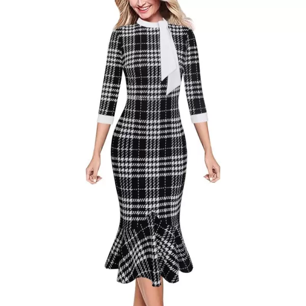 VFSHOW Womens Bow Tie Neck Vintage Cocktail Party Bodycon Pencil Mermaid Midi DressBlack and Houndstooth Plaid