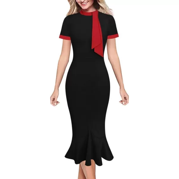 VFSHOW Womens Bow Tie Neck Vintage Cocktail Party Bodycon Pencil Mermaid Midi DressBlack and Red