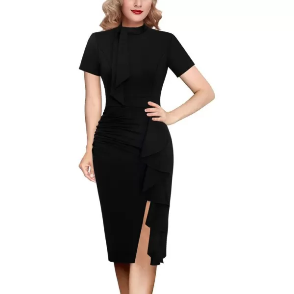 VFSHOW Womens Bow Tie V Neck Cocktail Work Business Bodycon Pencil DressBlack Ruffle Split