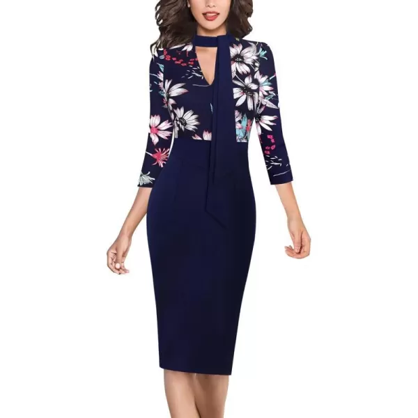 VFSHOW Womens Bow Tie V Neck Cocktail Work Business Bodycon Pencil DressMulti Floral Print Navy Blue