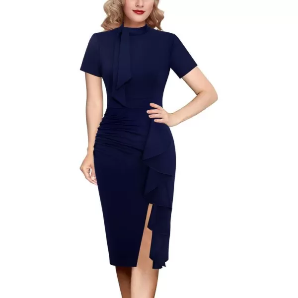 VFSHOW Womens Bow Tie V Neck Cocktail Work Business Bodycon Pencil DressNavy Blueruffle Split