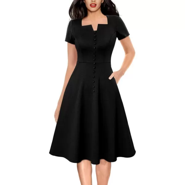 VFSHOW Womens Business Square Neck Notch Buttons Work Office Dress Elegant Vintage Church Pockets Fit and Flare ALine DressBlack