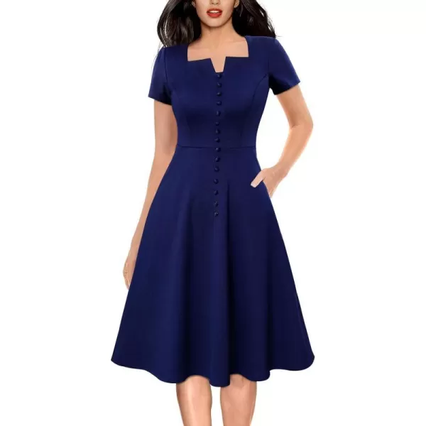 VFSHOW Womens Business Square Neck Notch Buttons Work Office Dress Elegant Vintage Church Pockets Fit and Flare ALine DressNavy Blue