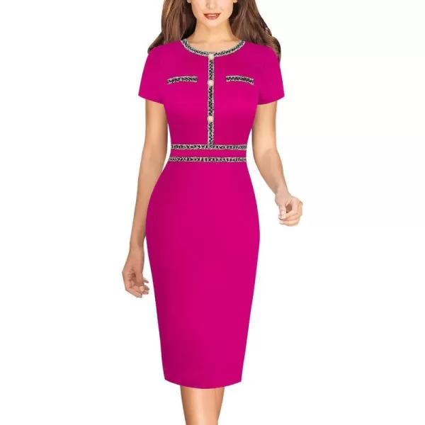 VFSHOW Womens Button Crew Neck Slim Wear to Work Office Party Bodycon Pencil DressHot Pink With Tweed Trim