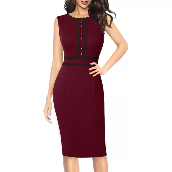 VFSHOW Womens Button Patchwork Trim Crew Neck Slim Wear to Work Office Business Party Bodycon Dark Red Pencil Sheath Dress 10186 RED XXLVFSHOW Womens Button Patchwork Trim Crew Neck Slim Wear to Work Office Business Party Bodycon Dark Red Pencil Sheath Dress 10186 RED XXL