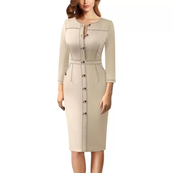 VFSHOW Womens Buttons Front Patchwork Work Business Office Bodycon Pencil Dress Professional Career Slim Fitted Sheath DressBeige 34 Sleeve