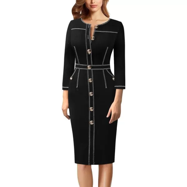 VFSHOW Womens Buttons Front Patchwork Work Business Office Bodycon Pencil Dress Professional Career Slim Fitted Sheath DressBlack 34 Sleeve