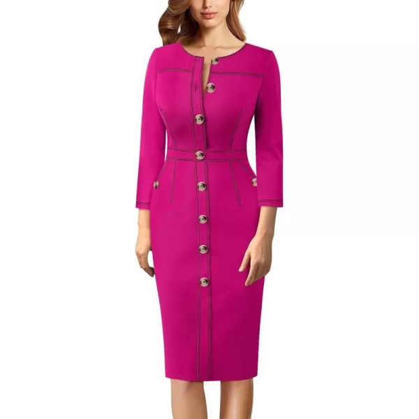 VFSHOW Womens Buttons Front Patchwork Work Business Office Bodycon Pencil Dress Professional Career Slim Fitted Sheath DressHot Pink 34 Sleeve