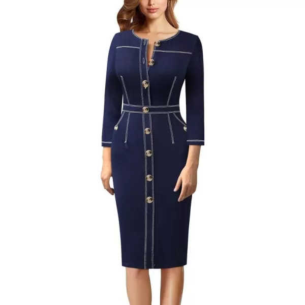 VFSHOW Womens Buttons Front Patchwork Work Business Office Bodycon Pencil Dress Professional Career Slim Fitted Sheath DressNavy Blue 34 Sleeve