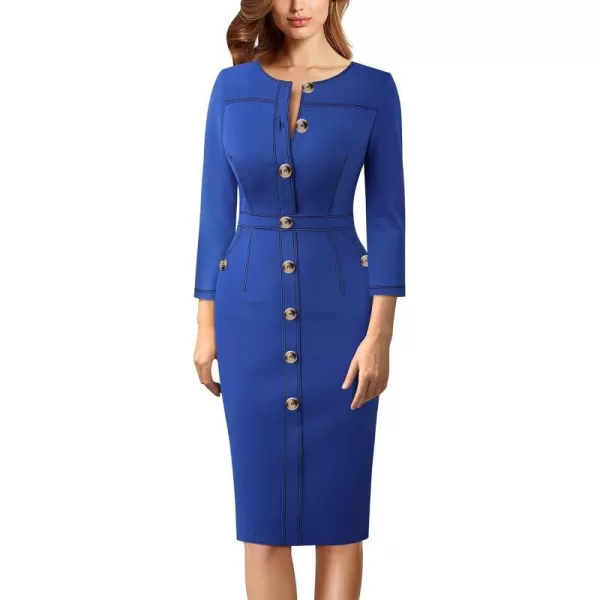 VFSHOW Womens Buttons Front Patchwork Work Business Office Bodycon Pencil Dress Professional Career Slim Fitted Sheath DressRoyal Blue 34 Sleeve