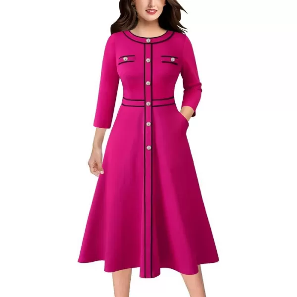 VFSHOW Womens Buttons Patchwork Business Work Office ALine Midi Crew Neck Professional Career Fit and Flare MidCalf DressHot Pink34 Sleeve