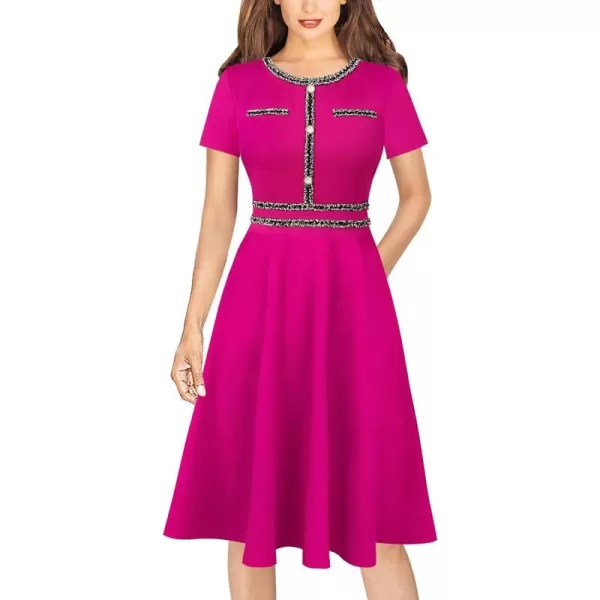 VFSHOW Womens Buttons Pockets Slim Wear to Work Office Business Bodycon ALine DressHot Pink With Tweed Trim