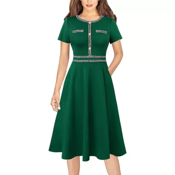 VFSHOW Womens Buttons Pockets Slim Wear to Work Office Business Bodycon ALine DressSolid Green With Tweed Trim