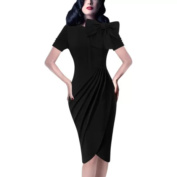 VFSHOW Womens Celebrity Vintage Bowknot Cocktail Party Stretch Bodycon DressBlack Faux Wrap Design