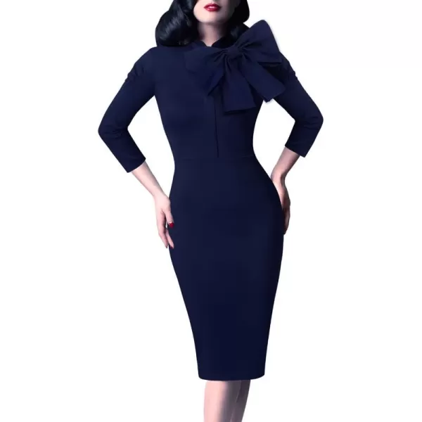 VFSHOW Womens Celebrity Vintage Bowknot Cocktail Party Stretch Bodycon DressDark Blue 34 Sleeves