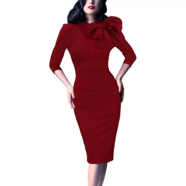 VFSHOW Womens Celebrity Vintage Bowknot Cocktail Party Stretch Bodycon DressDark Red