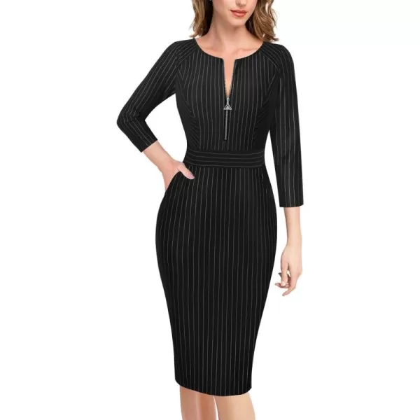 VFSHOW Womens Colorblock Front Zipper Work Office Business Party Bodycon Pencil DressBlack  White Stripes2