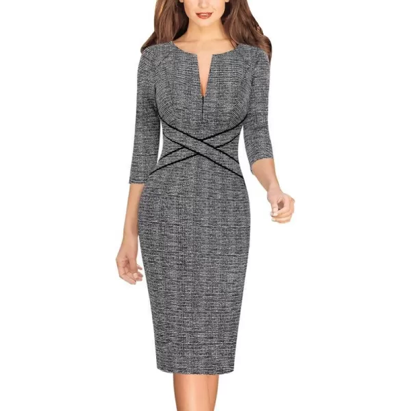 VFSHOW Womens Colorblock Front Zipper Work Office Business Party Bodycon Pencil DressBlack Tweed  Black Piping