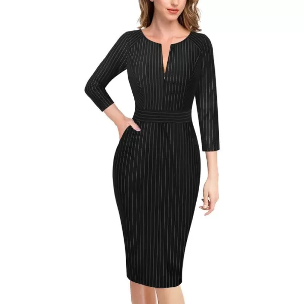 VFSHOW Womens Colorblock Front Zipper Work Office Business Party Bodycon Pencil DressBlack and White Stripes