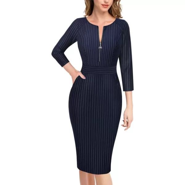 VFSHOW Womens Colorblock Front Zipper Work Office Business Party Bodycon Pencil DressDark Blue  White Stripes2