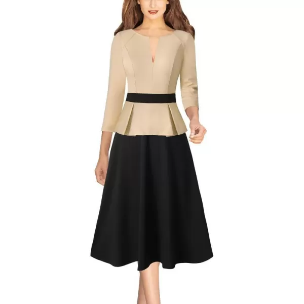 VFSHOW Womens Colorblock Peplum Slim Front Zipper Work Business Office ALine Midi DressBeige and Black