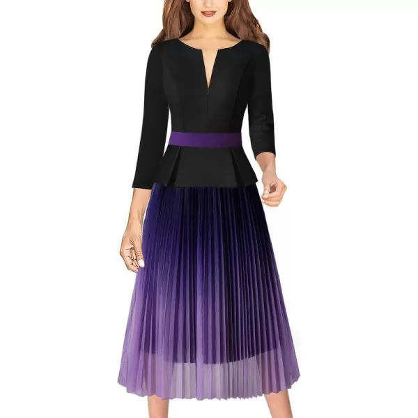 VFSHOW Womens Colorblock Peplum Slim Front Zipper Work Business Office ALine Midi DressBlack  Purple Ombre