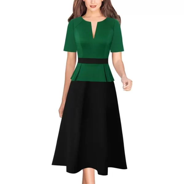 VFSHOW Womens Colorblock Peplum Slim Front Zipper Work Business Office ALine Midi DressGreen  Black2