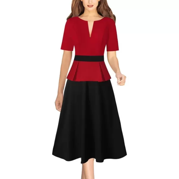 VFSHOW Womens Colorblock Peplum Slim Front Zipper Work Business Office ALine Midi DressRed  Black2