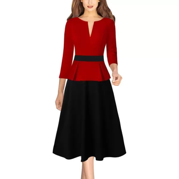 VFSHOW Womens Colorblock Peplum Slim Front Zipper Work Business Office ALine Midi DressRed and Black