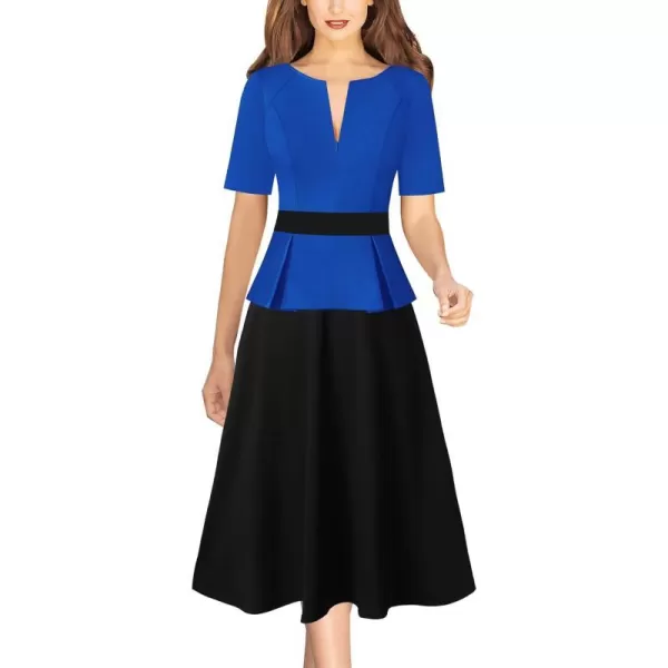 VFSHOW Womens Colorblock Peplum Slim Front Zipper Work Business Office ALine Midi DressRoyal Blue  Black2