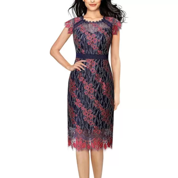 VFSHOW Womens Contrast Floral Lace Shift Scalloped Crew Neck Slim Cocktail Party DressBlue and Red Floral Lace