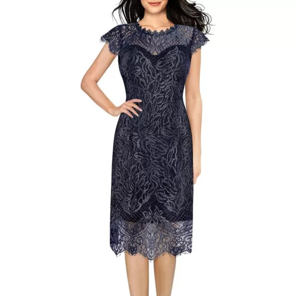 VFSHOW Womens Contrast Floral Lace Shift Scalloped Crew Neck Slim Cocktail Party DressShiny Navy Floral Lace