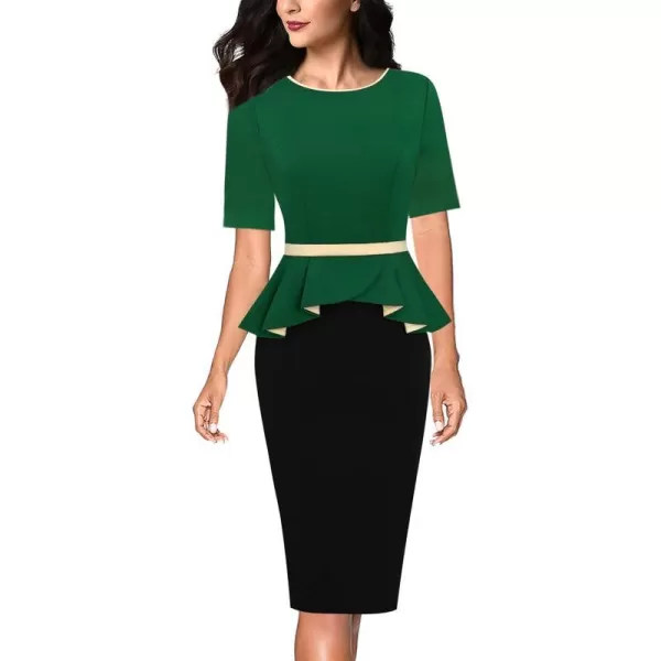 VFSHOW Womens Crew Neck Peplum Colorblock Work Business Office Bodycon Pencil DressGreen and Black