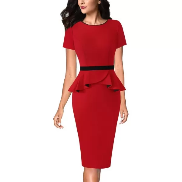 VFSHOW Womens Crew Neck Peplum Colorblock Work Business Office Bodycon Pencil DressRed With Black Piping3