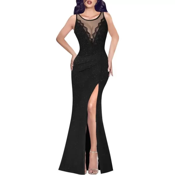 VFSHOW Womens Crochet Lace Patchwork Deep V Neck Ruched Formal Prom Maxi Dress 2023 Sexy High Split Mermaid Evening Long GownSparkly Black