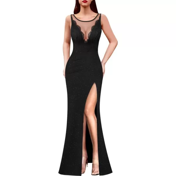 VFSHOW Womens Crochet Lace Patchwork Deep V Neck Ruched Formal Prom Maxi Dress 2023 Sexy High Split Mermaid Evening Long GownSparkly Black2