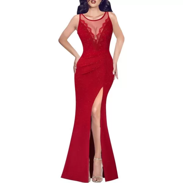 VFSHOW Womens Crochet Lace Patchwork Deep V Neck Ruched Formal Prom Maxi Dress 2023 Sexy High Split Mermaid Evening Long GownSparkly Red