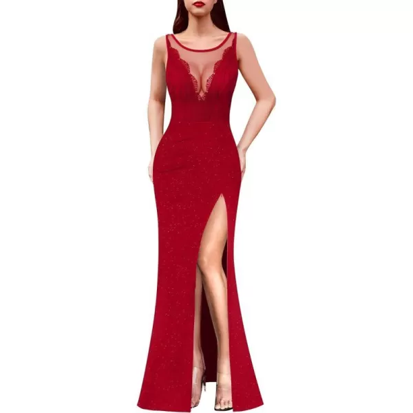 VFSHOW Womens Crochet Lace Patchwork Deep V Neck Ruched Formal Prom Maxi Dress 2023 Sexy High Split Mermaid Evening Long GownSparkly Red2