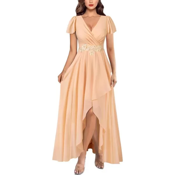 VFSHOW Womens Deep V Neck Chiffon Floral Applique Formal Prom ALine Maxi Dress 2023 Smocked Wedding Guest HiLo Evening GownBeige